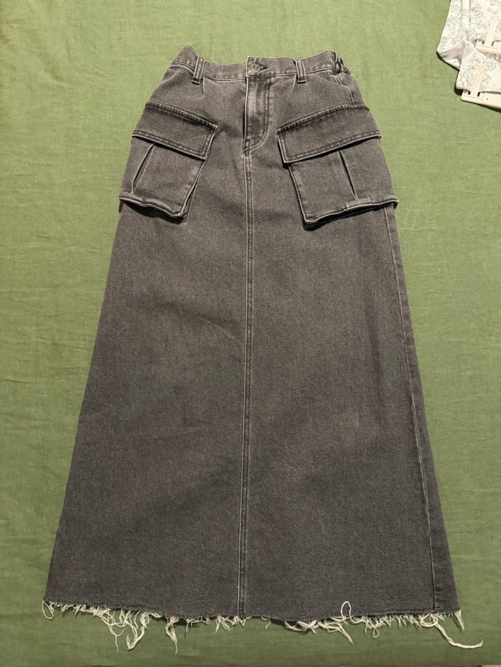Japanese High-Rise Washed Black Cargo Denim Maxi Skirt